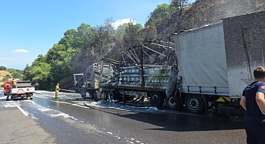 Motor yağı yüklü tır alev alev yandı, ormana sıçrayan yangın güçlükle söndürüldü